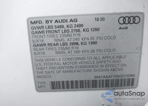 2021 Audi Q5 Premium 45 Tfsi Quattro S Tronic z USA, uszkodzony, nr VIN WA1AAAFY0M2016384